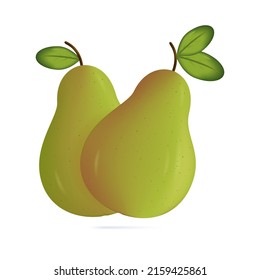 3d pear icon. Two ripe, autumn fruits isolated on white. The concept of natural, proper, fresh food, sweet dessert. Natural green pear on a branch with leaves,  design decoration. Vector illustration 