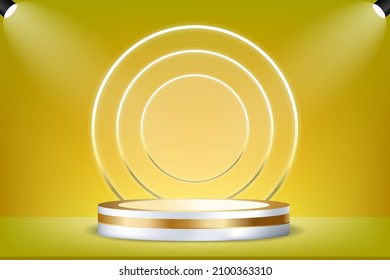 3d pedestal background with Golden Glass Ring Frame for cosmetic product presentation, fashion magazine. Copy space vector illustration