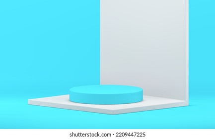 Ilustración vectorial de la plataforma isométrica de la plataforma de reconocimiento de cilindros de nivel blanco azul y peatonal 3d. Escenario de base de podio sobre el fondo del estudio de construcción de pared