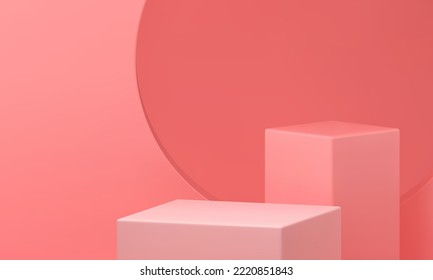 3d pedestal competition stand square rectangle geometric level pink studio background realistic vector illustration. Podium foundation fashion platform empty display for product promo presentation