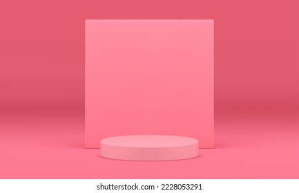 3d pedestal cylinder pink stage squared wall geometric promo product advertising foundation realistic vector illustration. Podium display award arena win contest celebration minimalist design