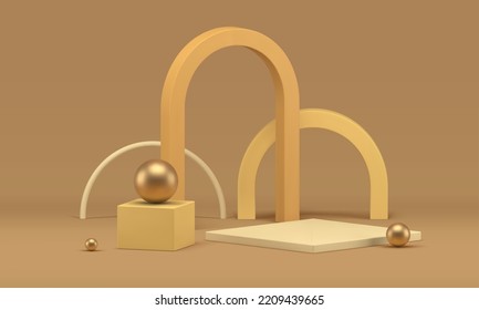 3d pedestal geometric form showcase for product presentation platform with arch realistic vector illustration. Premium beige studio background geometry squared rhombus exhibition advertising display