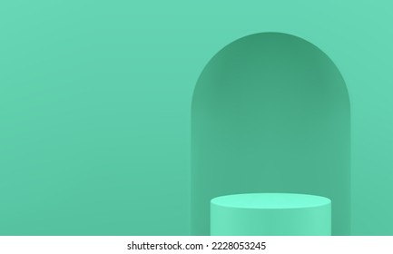 3d pedestal green cylinder showcase arch space product presentation foundation realistic vector illustration. Podium round advertising display archway wall hole construction premium design