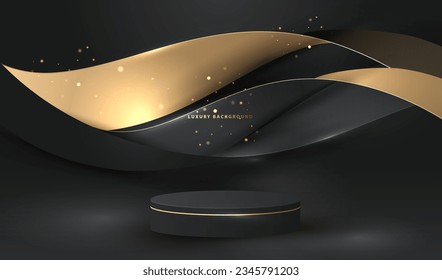 3D pedestal podium with gold and black waves. Geometric platform with golden glitter lines in wavy shapes backdrop. Luxury scene for display and presentation your products.