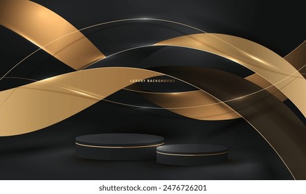 3D pedestal podium with gold and black waves. Geometric platform with golden glitter lines in wavy shapes backdrop. Luxury scene for display and presentation your products.