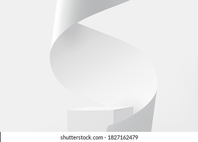 3D pedestal podium with white paper swirl flow on white studio background, product display stage in 3d illustration 