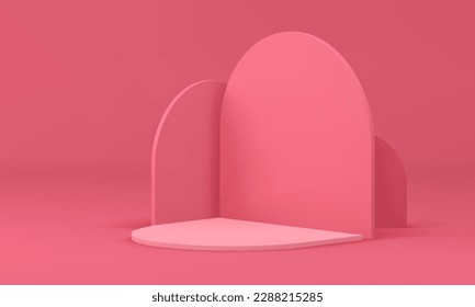 3d pedestal semicircle geometric stage corner wall for product promo presentation realistic vector illustration. Podium construction platform minimal rendering showcase stand isometric angular scene