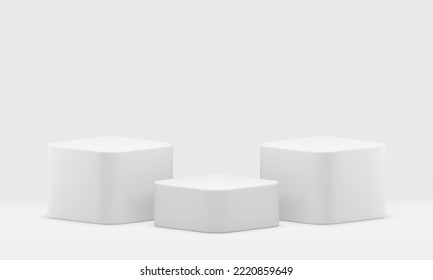 3d pedestal white smooth cubes squared foundation platform decor element realistic vector illustration. Podium for product presentation geometric empty basic stage competition reward showroom design