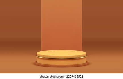 3d pedestal yellow cylinder stage decorative beige wall showcase studio background realistic vector illustration. Podium scene display circle geometric foundation award platform product presentation
