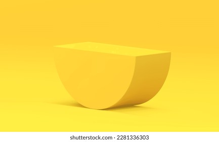 3d pedestal yellow semicircle vertical stand geometric construction minimal design realistic vector illustration. Podium half cylinder block decor element merchandise platform studio background