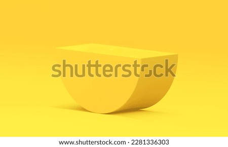3d pedestal yellow semicircle vertical stand geometric construction minimal design realistic vector illustration. Podium half cylinder block decor element merchandise platform studio background