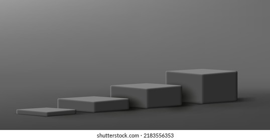 3d pedestals levels steps, black cubes of bigger size. Vector illustration