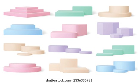 3d pedestals pastel colors. Empty podium realistic elements. Museum or exhibition stages, sale show podiums. Isolated scenes pithy vector collection