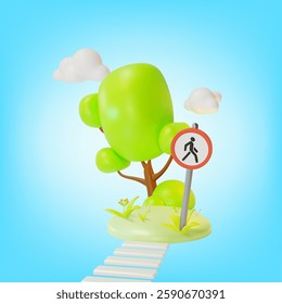 3d Pedestrian Crossing Road Sign on the Ground Cartoon Design Style. Vector illustration of Safety in City Concept