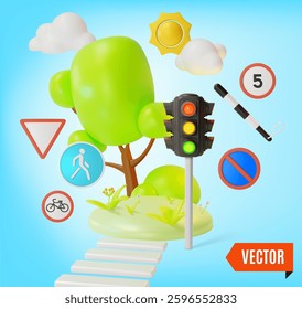 3d Pedestrian Safety First Traffic Rules Concept Background Cartoon Design Style. Vector illustration of Stoplight and Crosswalk