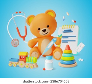 3d Pediatrician Child Health Consulting Concept Cartoon Style Include of Cute Teddy Bear Toy, Thermometer and Stethoscope . Vector illustration