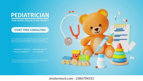 3d Pediatrician Child Health is Our Priority Free Online Consulting Concept Placard Poster Banner Card Template Cartoon Style. Vector illustration