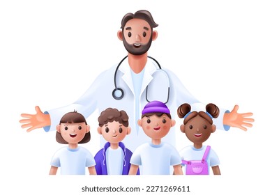 3D pediatrician, family doctor children healthcare concept, vector medical female male character. Cartoon therapist, boys girls smiling patients, hospital cheerful man volunteer. Pediatrician doctor 