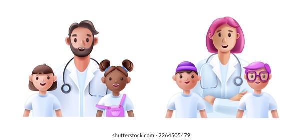 3D pediatrician, family doctor vector children healthcare concept, medical female male character. Cartoon therapist, boys girls smiling patients, hospital woman man volunteer. Pediatrician doctor 