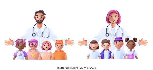 3D pediatrician, vector medical female male, family doctor children healthcare character concept. Cartoon therapist, boys girls smiling patients, hospital cheerful man volunteer. Pediatrician doctor 