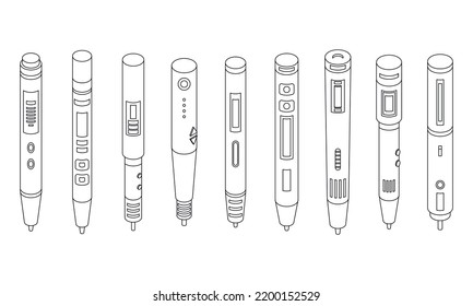 3d pen icons set. Isometric set of 3d pen vector icons outline thin lne isolated on white