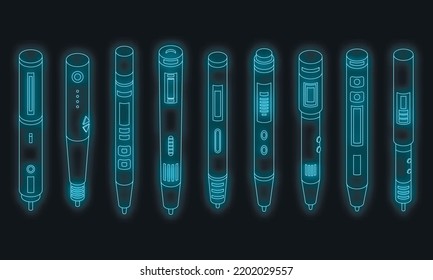 3d pen icons set. Isometric set of 3d pen vector icons neon color on black