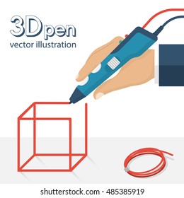 3d pen. A man holding a pen 3d, draws a cube model. Future technologies. Modern innovations. Vector illustration flat design. Isolated on white background.