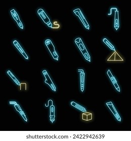 3d pen model icons set. Outline set of 3d pen model vector icons neon color on black