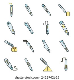 3d pen model icons set. Outline set of 3d pen model vector icons thin line color flat on white