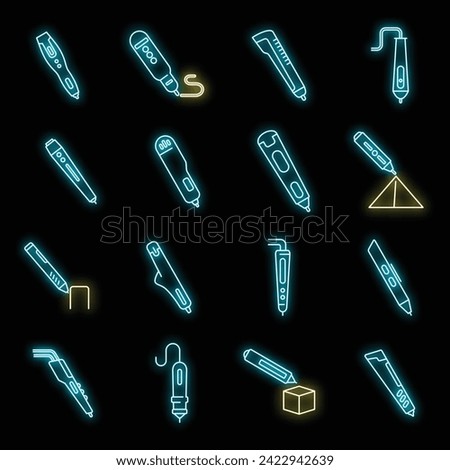 3d pen model icons set. Outline set of 3d pen model vector icons neon color on black