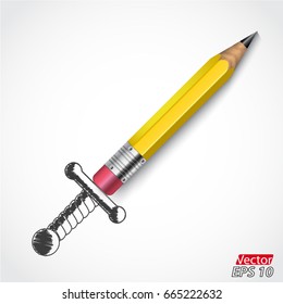 3d pencil with drawn sword handle