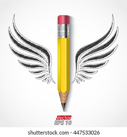 3d pencil with drawn wings / vector illustration
