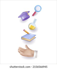 3d pencil icon,books., magnifying glasses, graduate caps, flasks in hand. In a minimalistic cartoon style. a subject for writing or drawing. vector illustration isolated on a white background.