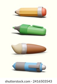 3D pencil, marker, pen, brush. Tools for writing, drawing, painting