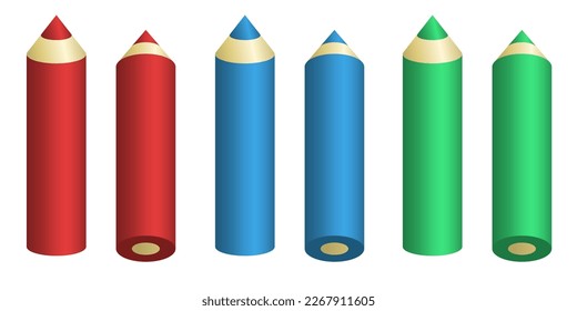 3d pencils. Red, blue, green pencils. Set of vector icons isolated on white background.
