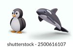 3D penguin and killer whale. Set of vector characters in cartoon style