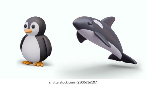 3D penguin and killer whale. Set of vector characters in cartoon style