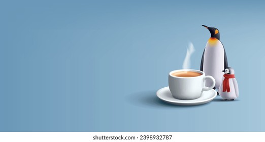 3d penguin in scarf with big cup of hot drink, healing from cold, render cartoon style composition