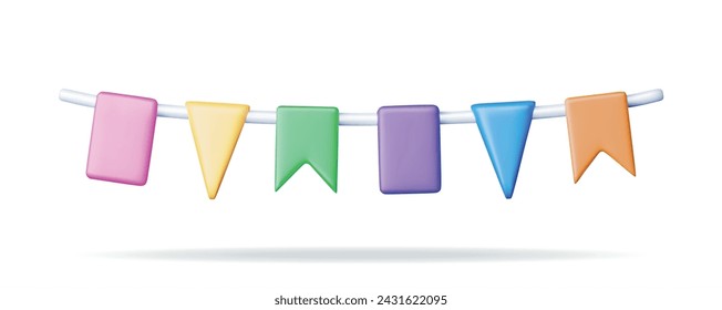 3D Pennant Bunting Flags Isolated on White. Render Bunting Festive Garland Realistic Icon. Horizontal Color Party Decoration. Holiday, Birthday, Party Celebration. Cartoon Vector Illustration