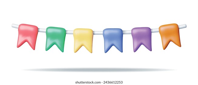 3D Pennant Bunting Flags Isolated on White. Render Bunting Festive Garland Realistic Icon. Horizontal Color Party Decoration. Holiday, Birthday, Party Celebration. Cartoon Vector Illustration