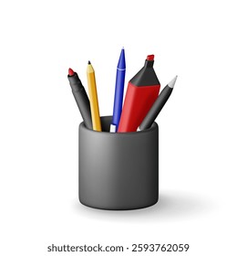 3D pens, pencil in holder isolated on white. Render ballpoint pen, marker, pencil with rubber eraser and cup. Case for felt pen icon. Office supply and stationery set. Vector illustration