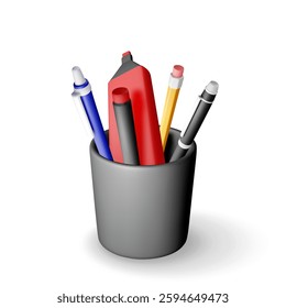 3D pens, pencil in holder isolated on white. Render ballpoint pen, marker, pencil with rubber eraser and cup. Case for felt pen icon. Office supply and stationery set. Vector illustration