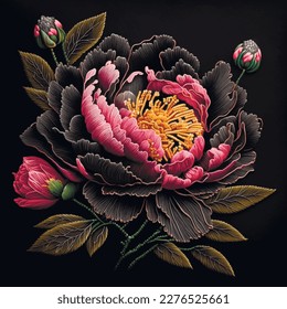 3d peony flowers. Embroidered peonies flowers, leaves. Embroidery floral colorful vector background illustration. Tapestry beautiful stitch textured flowers. Stitching lines surface ornate texture.