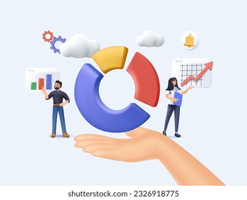 3D people analytics and data statistics for social research tiny person concept. Percentage diagram chart with calculation and measurements 3D vector illustration. Labor information report analysis