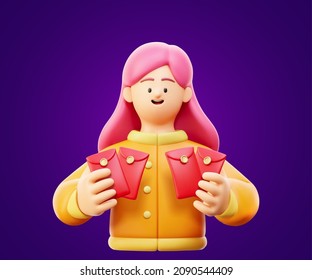 Diseño de personajes de 3d personas con mujer feliz sosteniendo sobres rojos. Aislado sobre un fondo morado, adecuado para la decoración china del año nuevo