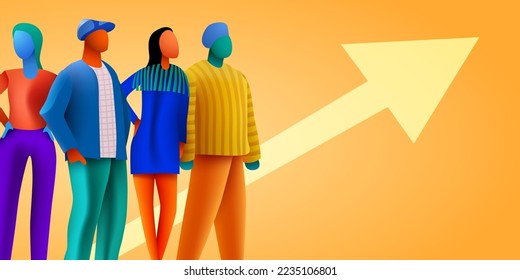 3d people crowd with rising arrow. Population, demographic and sociology concept. Vector illustration