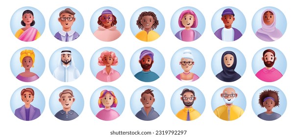 Personas 3D diversos avatares, inclusión grupo vectorial multicultural, comunidad feliz de caricatura igual. Carácter hombre mujer, equipo de representación empresarial, comunicación profesional en equipo. Avatar de la gente 