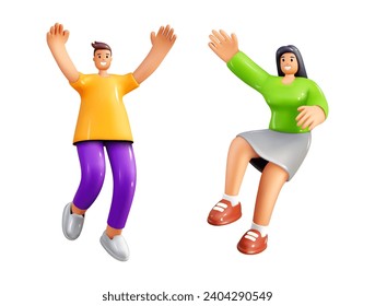 Personas 3D. Personajes felices de representación. Feliz celebración. Hacerle volar a mujeres y hombres. Muchacha y tipo con gesto de manos ondeadas. Saltando estudiantes. Una pareja alegre. Amigos sonrientes. Conjunto de vectores de personas activas