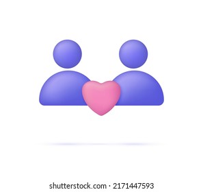 3D people with heart isolated on white background. Symbol of love. Social media, teamwork concept. Fall in love, make relationship concept. Can be used for many purposes. Vector in 3d style.