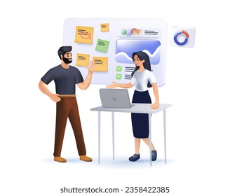 3D people launching advertising campaign isolated cartoon vector illustration. Agency worker meeting client, customer briefing, discuss brand promotion, brainstorming, creative team vector 3D cartoon